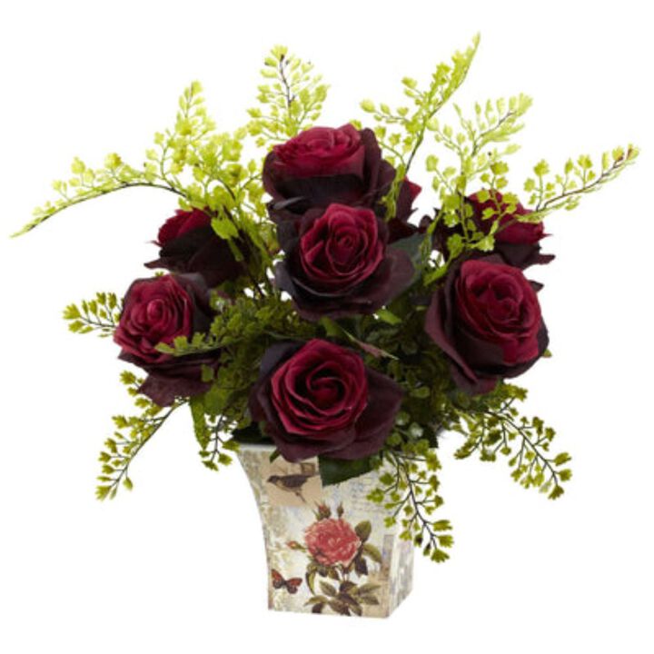 Hivvago Rose & Maiden Hair w/Floral Planter - Burgundy