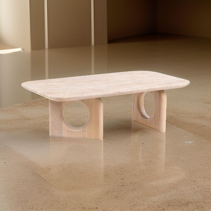 Aky 50 Inch Coffee Table, Faux Marble Top, Open Panel Frame, Natural Brown - Benzara