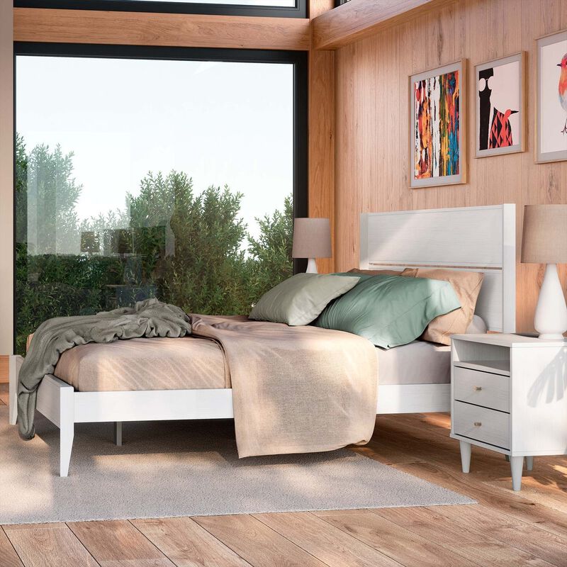 Hivvago Queen Size Rustic White Mid Century Slatted Platform Bed