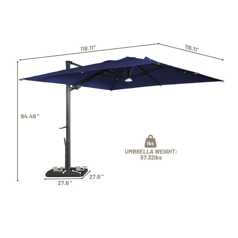 10 ft. 360° Rotation Square Cantilever Patio Umbrella with Base and BT in Navy Blue