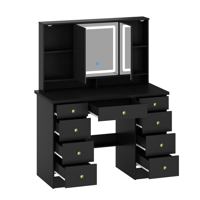 FUFU&GAGA Black Makeup Vanity with LED Mirror, 6 Drawers and Storage Compartments (43.3" W x 53.9" H x 19.7" D), Elegant Black