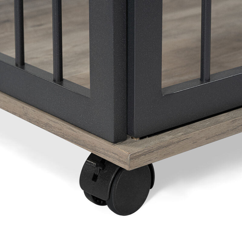 Large Dog Crate Furniture with Lockable Wheels, Wooden Dog Kennel, and Double Storage Layers
