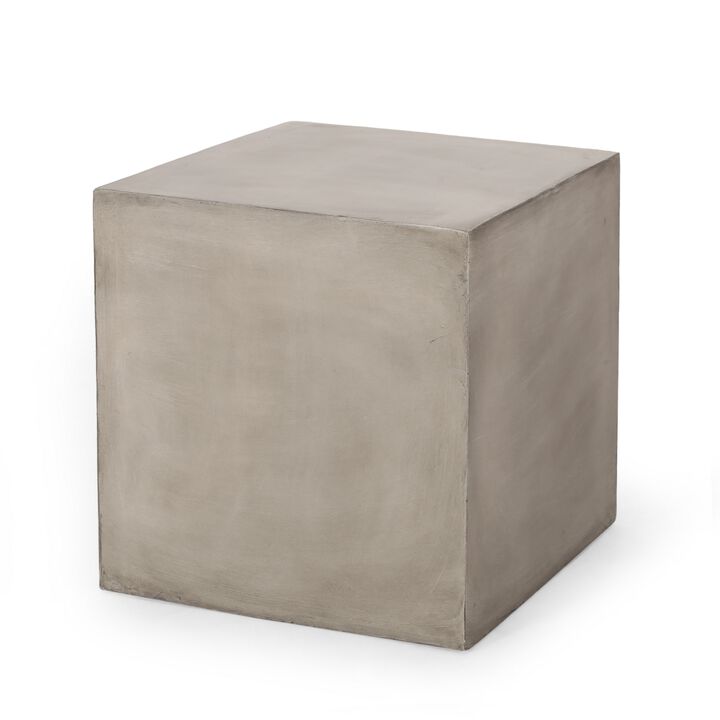 Ebec Outdoor Side Table, Modern Cube Light Gray Faux Concrete, 22 Inch - Benzara