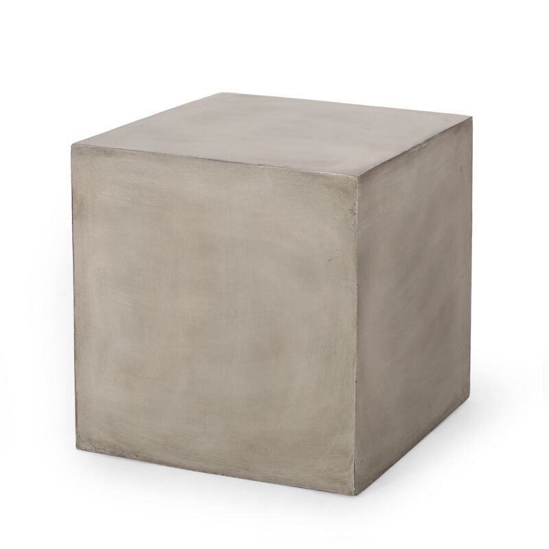 Ebec Outdoor Side Table, Modern Cube Light Gray Faux Concrete, 22 Inch - Benzara