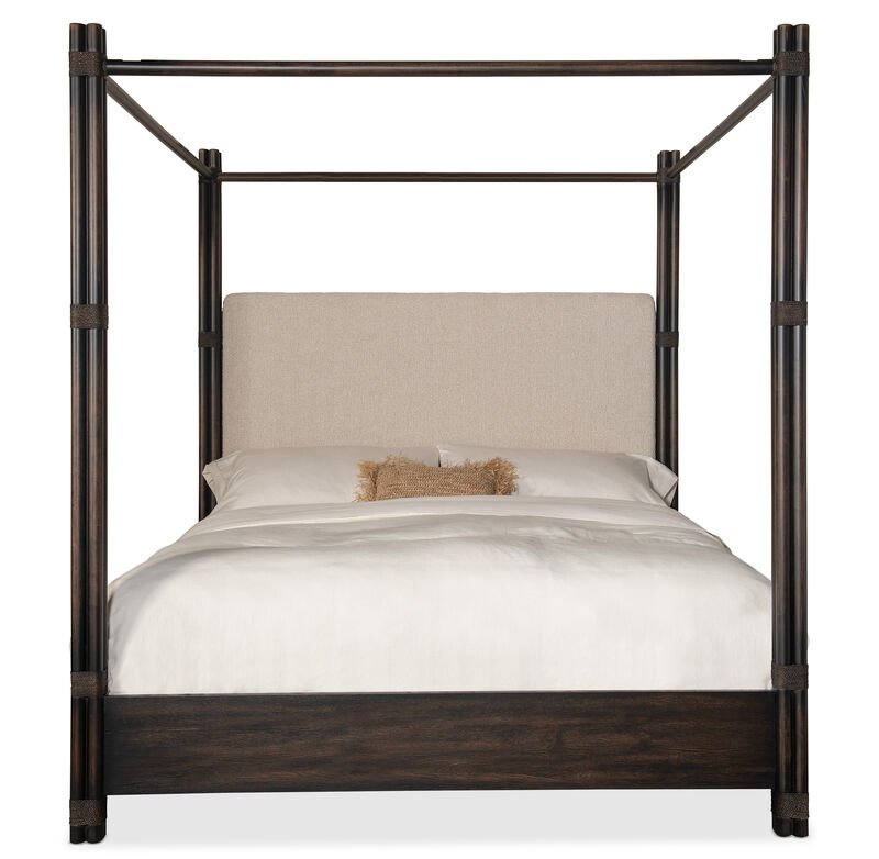 Retreat Pole Rattan Cal King Upholstered Poster Bed and Canopy