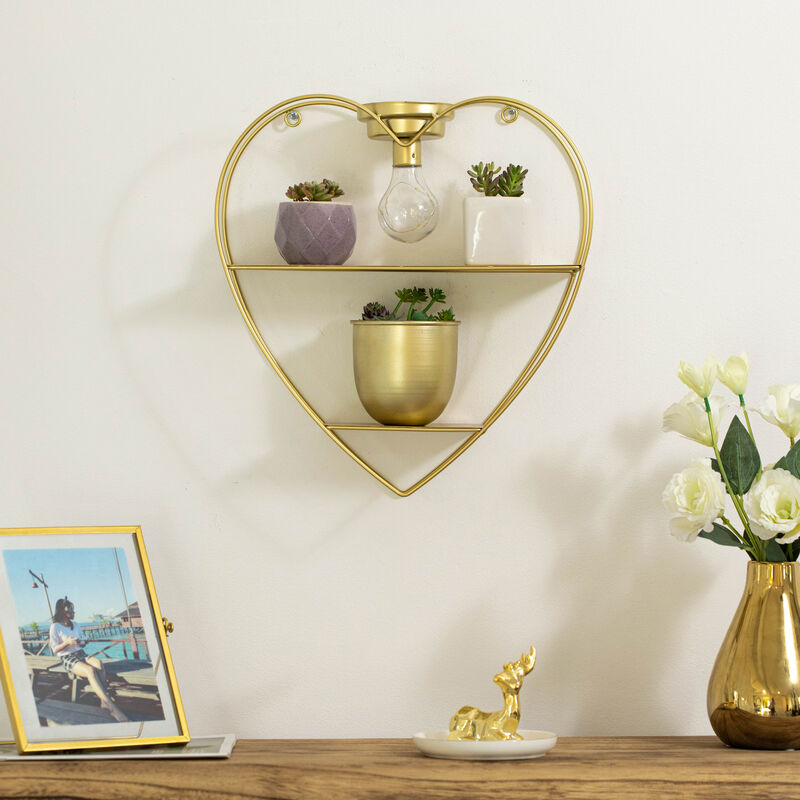 Vintiquewise Heart-Shaped 2-Tier Floating Metal Wall Shelf with Overhead Light Bulb – Decorative Wall-Mounted Shelf for Bedroom, Living Room, Hallway, Bathroom, or Entryway Decor, Gold Finish
