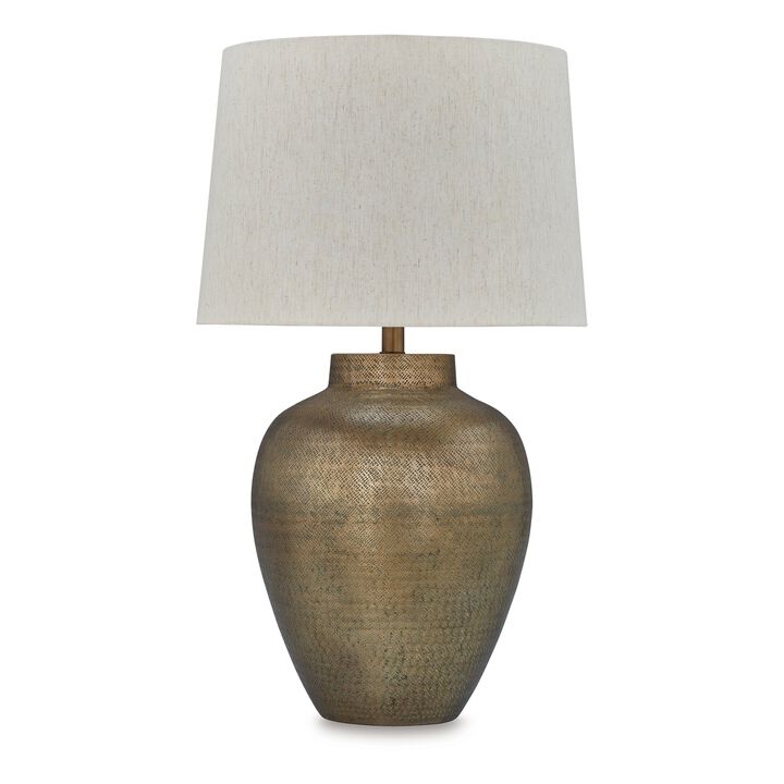 Table Lamp, Metal Hammered Pot Base, White Fabric Drum Shade 29 Inch - Benzara