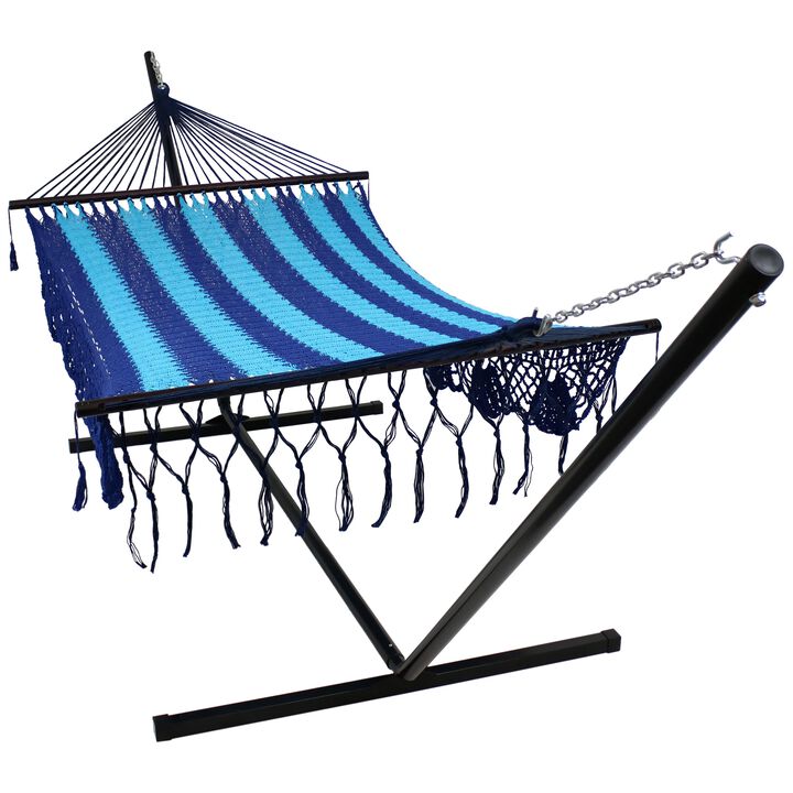 Sunnydaze 2-Person Cotton/Nylon Hammock with Steel Stand and Fringe