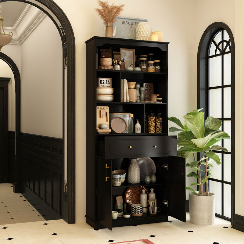 FUFU&GAGA Multi-Tier Storage Cabinet with One Drawer and Two Doors (31.5" W x 11.1" D x 71" H),Black