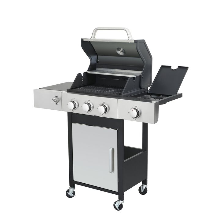 MONDAWE 3-Burner Propane Gas BBQ Grill with Side Burner, 37230BTU Output With Enameled Cast Iron Cooking Grids For Outdoor Barbecue, Stainless Steel