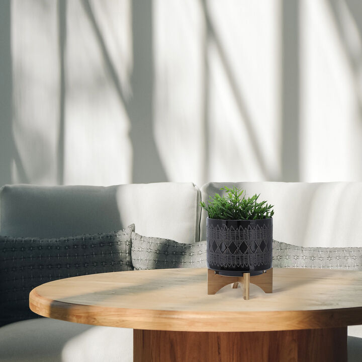 Ceramic 8" Aztec Planter On Wooden Stand