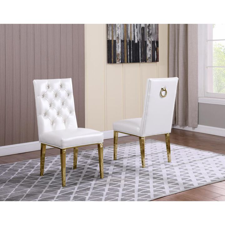 White Faux Leather Tufted Dining Side Chairs, Chrome Gold Legs - Set of 2