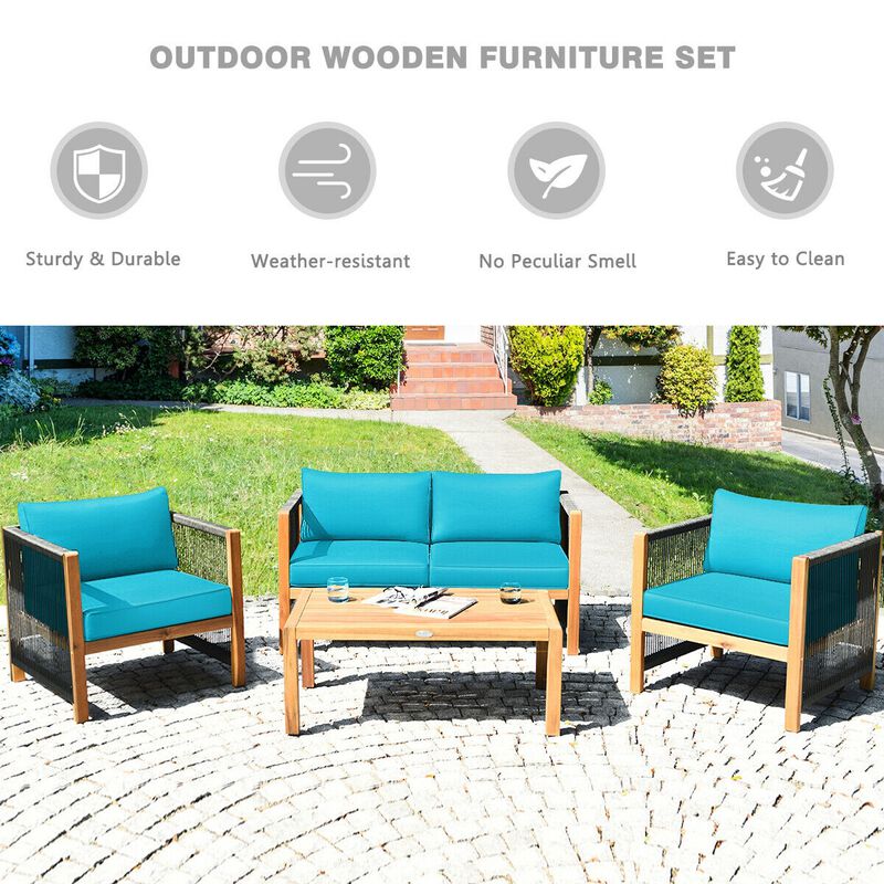 4 Pieces Acacia Wood Sofa Set with Cushions for Outdoor Patio-Blue