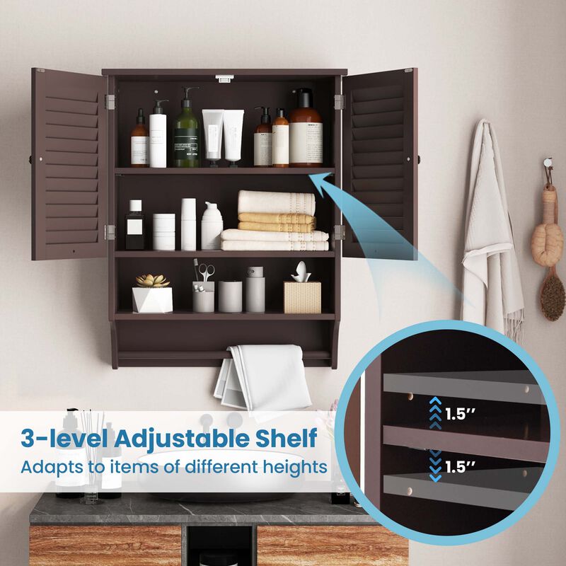 Costway Bathroom Wall Mounted Medicine Cabinet with Louvered Doors & Towel Bar White