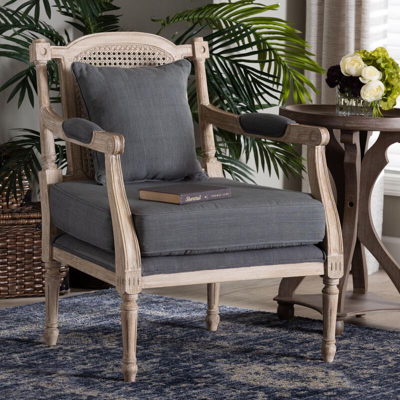 Baxton Studio Clemence French Provincial Grey Fabric Whitewashed Mahogany Wood Armchair