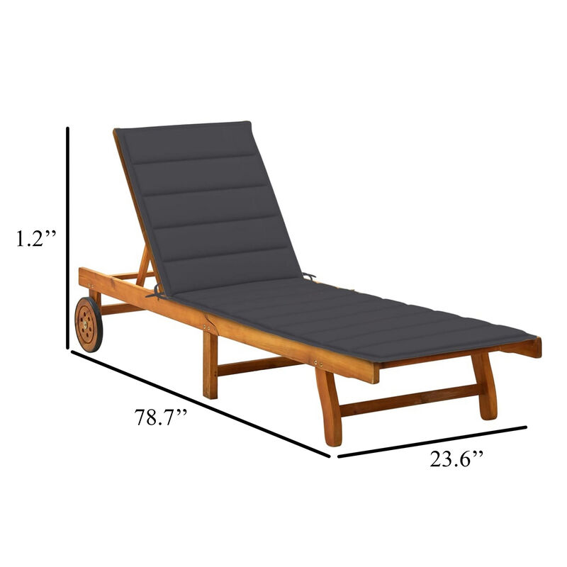 Kaye Outdoor Sun Chaise Lounger, 79 Inch Acacia Wood, Gray Cushion - Benzara