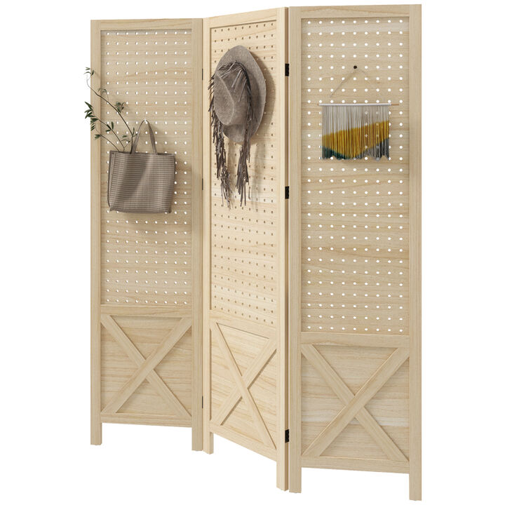 3 Panel Pegboard Display Room Divider, 4.7' Tall Wood Privacy Screen, Natural