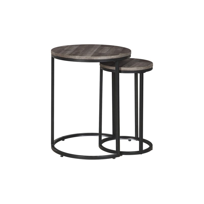 Round Wooden Top Metal Accent Table, Set of 2, Gray and Black-Benzara