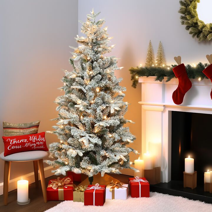 LuxenHome 5Ft Pre-Lit Full Artificial Flocked Christmas Tree
