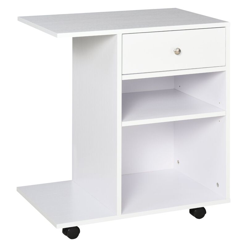 White Printer Station: Rolling Stand with Adjustable Shelf and Drawer
