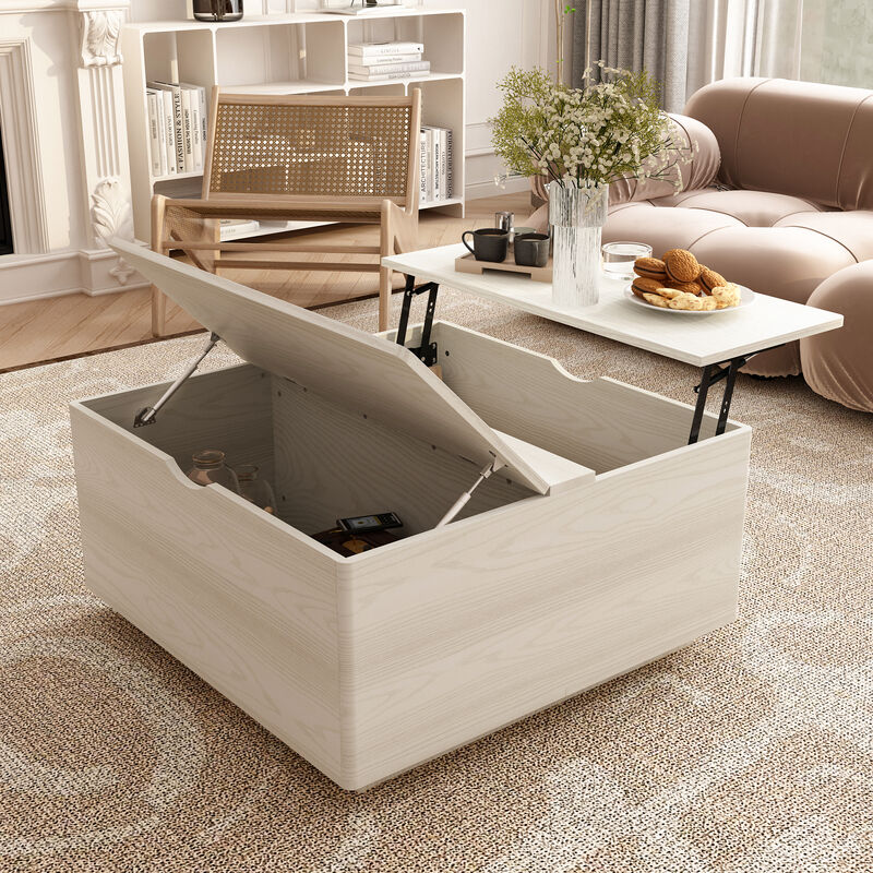 FUFU&GAGA Modern White Wood Grain Round Coffee Table with Lift-up Top and Arc-Shaped Sides (35.4" W x 35.4" D x 18.5" H), White