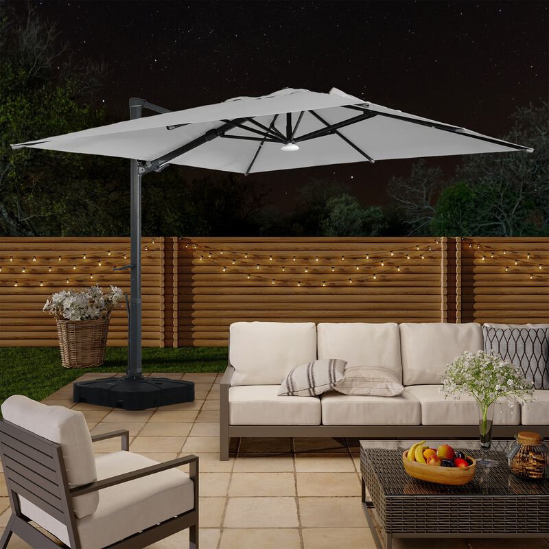 10 ft 360° Rotation Square Cantilever Patio Umbrella with BaseandBT in Gray