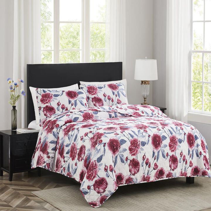RT Designers Collection Melrose Rose 3-Pieces Elegant Stitched Quilt Set OB King Multicolor