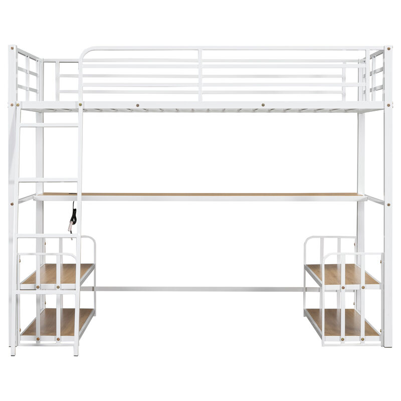 Merax Metal Loft Bed with Desk and Storage Shelves