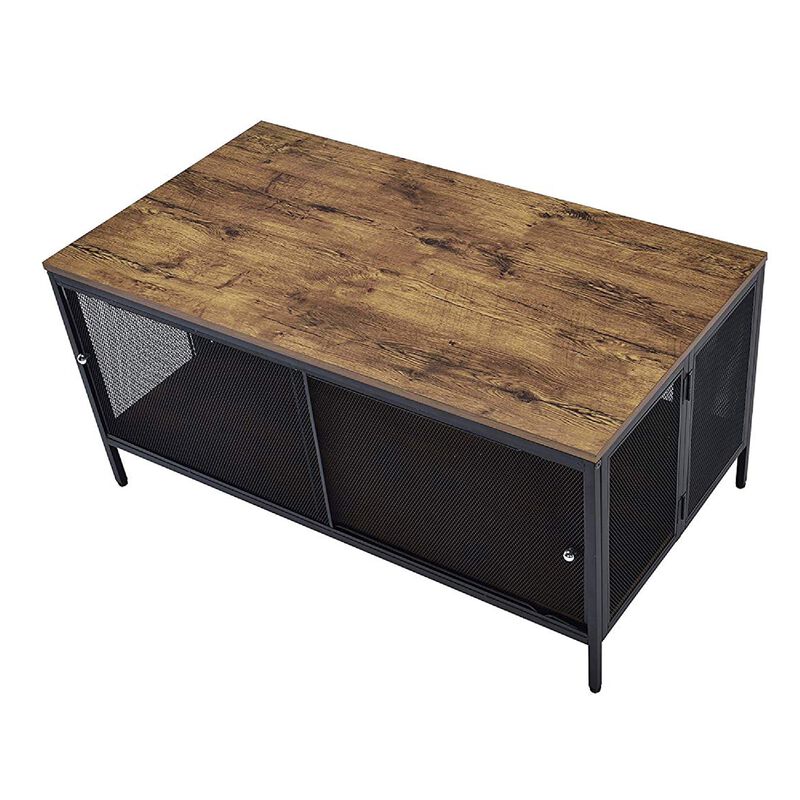 Metal Coffee Table with 1 Bottom Shelf and Mesh Design, Brown and Gray-Benzara
