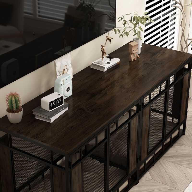 Dog House Large Pet Crate Furniture, Indoor Mesh and Wooden Dog Kennels for 2 Medium or Large Dogs, Walnut and Black