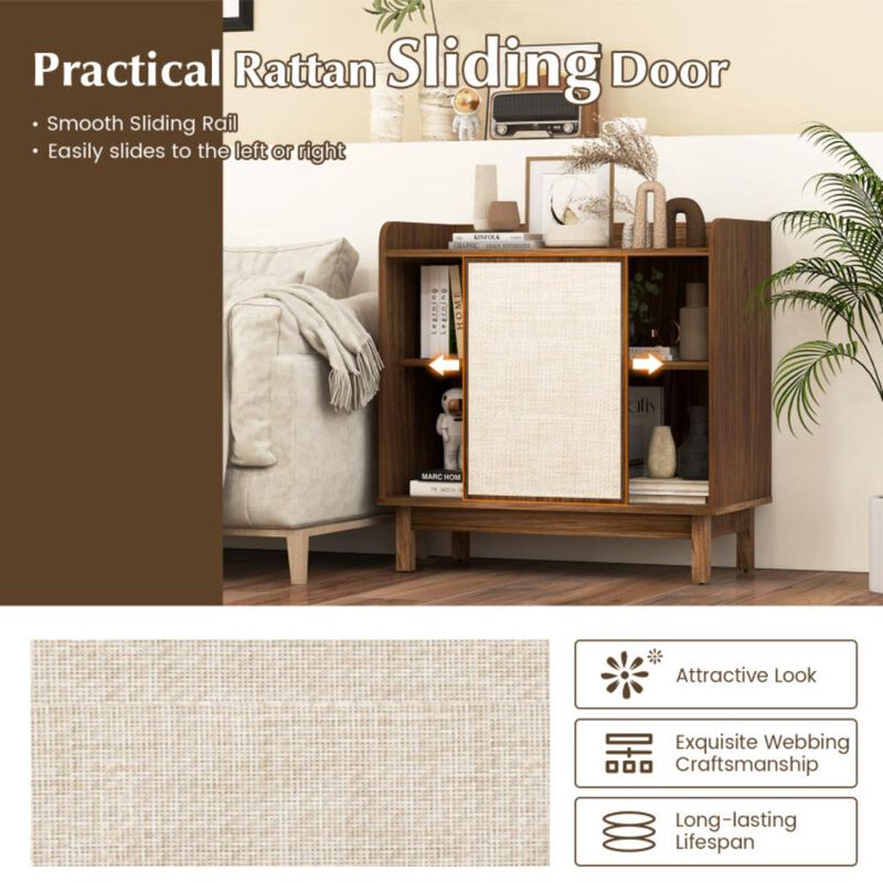 Hivvago Rattan Buffet Sideboard Mid Century Floor Storage Cabinet with Sliding Door and Adjustable Shelves