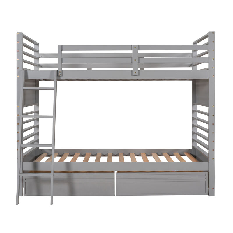 Twin Over Twin Wood Bunk Bed With Two Drawers