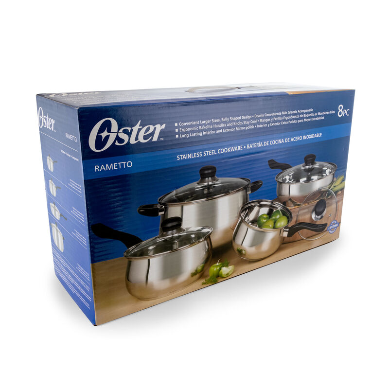 Oster Rametto 8 Piece Stainless Steel Kitchen Cookware Set with Glass Lids