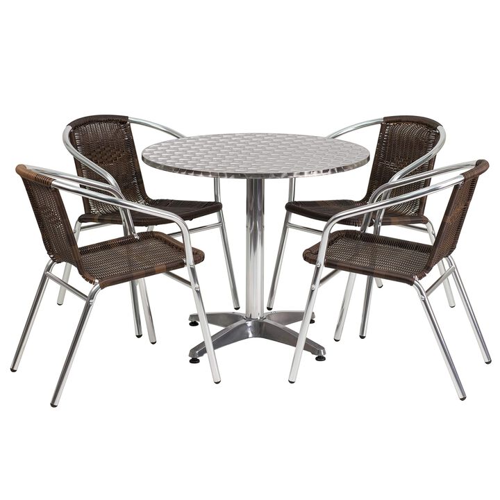 Flash Furniture 31.5'' Round Aluminum Indoor-Outdoor Table Set with 4 Dark Brown Rattan Chairs