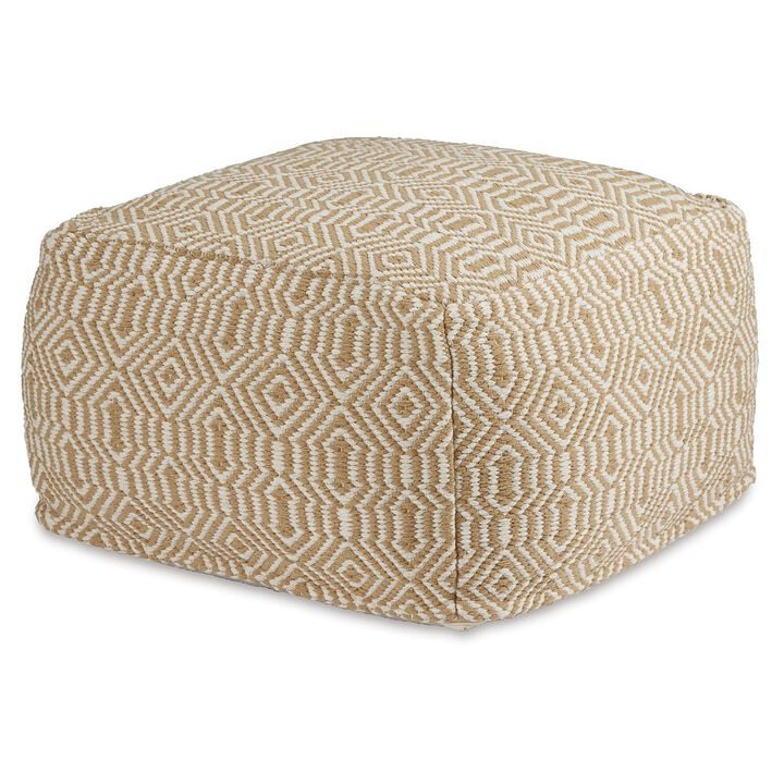 Sena 22 Inch Ottoman Pouf, Handwoven Pattern, Cotton Cover, Beige White -