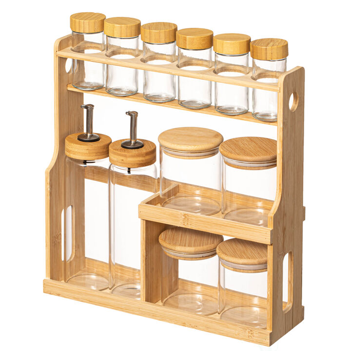 Basicwise 3-Tier Bamboo Spice Rack with 6 Spice Shaker Bottles, 4 Airtight Jars and 2 Soy Sauce or Olive Oil Dispenser Bottle Perfect for Kitchen Organization, Dining Room Display, and Pantry Storage