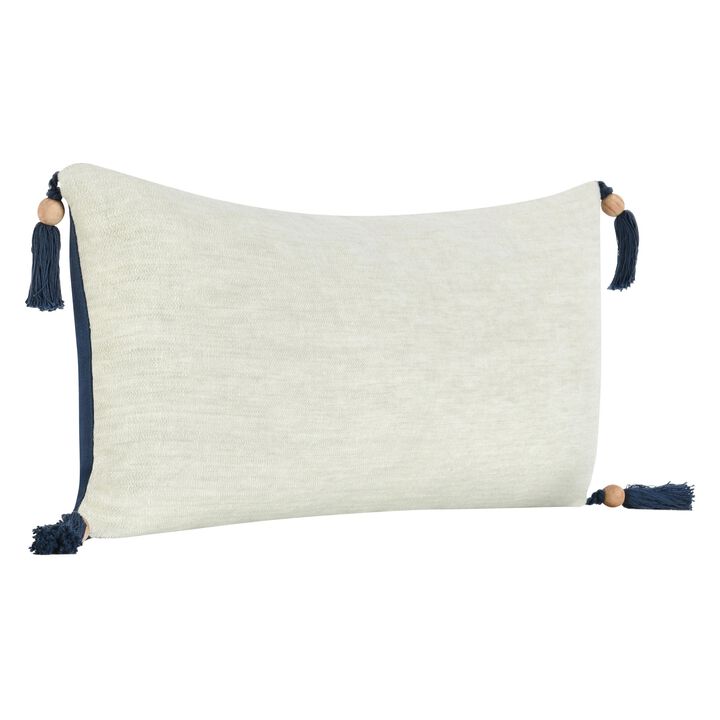 Chia Lumbar Throw Pillow, 16x36in Wood Bead Tassels, Light Gray Linen - Benzara