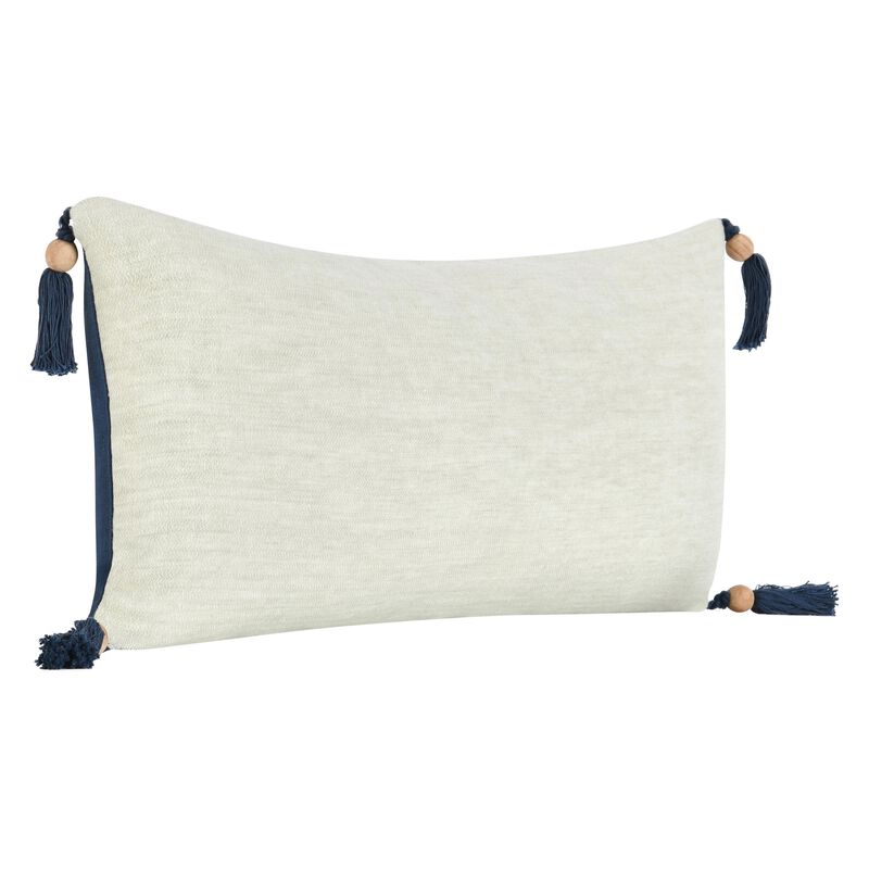 Chia Lumbar Throw Pillow, 16x36in Wood Bead Tassels, Light Gray Linen - Benzara