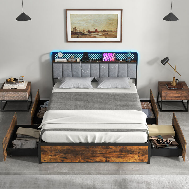 Bed Frame with LED Lights  Upholstered Headboard and 4 Storage Drawers