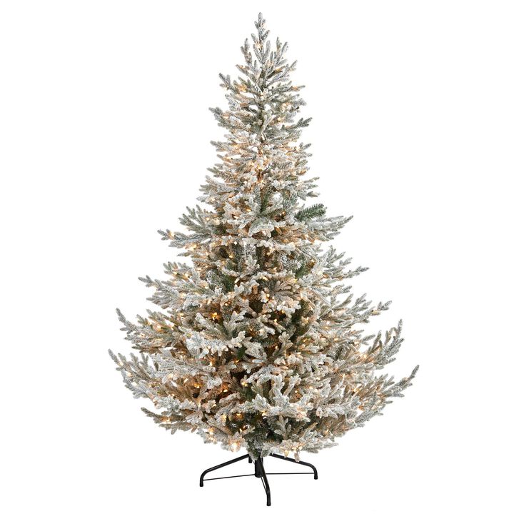 Nearly Natural Flocked Fraser Fir Artificial Christmas Tree with Warm White Lights and Bendable Branches