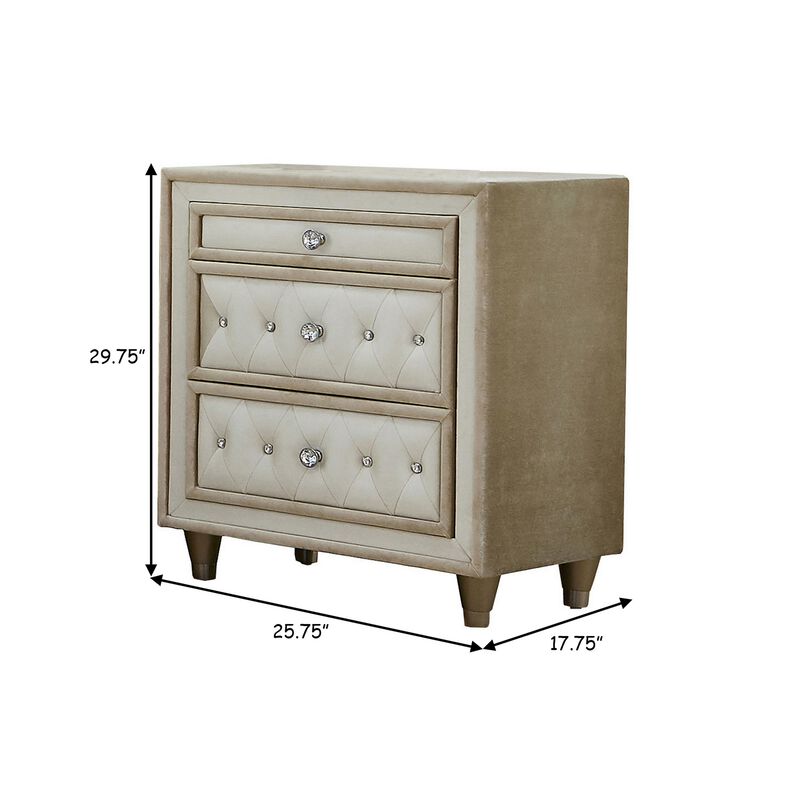 Matt 30 Inch Modern Nightstand, 3 Drawers, Velvet Tufted, Ivory Light Brown-Benzara