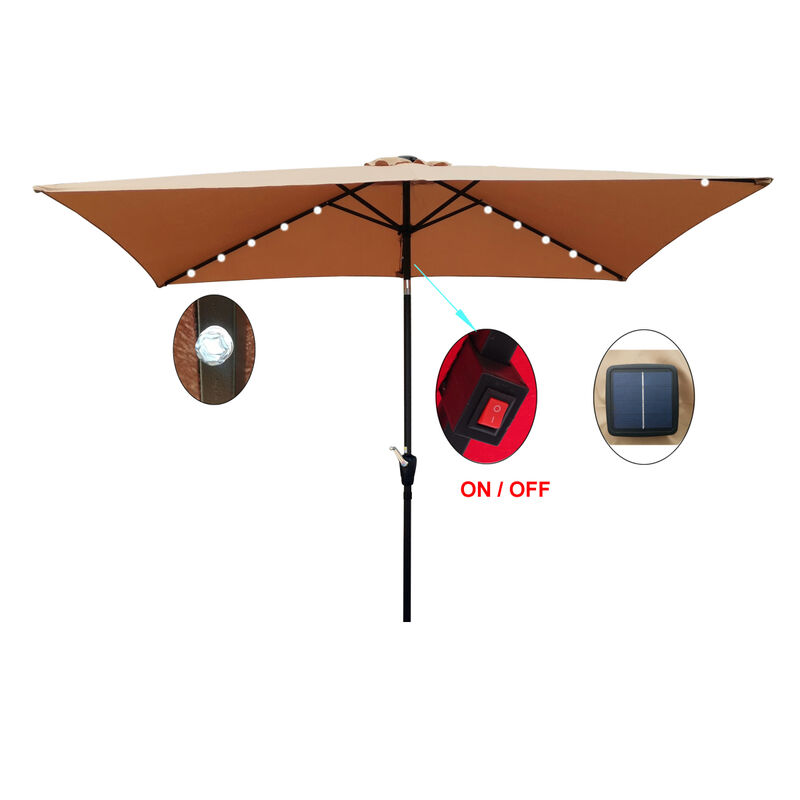 10 X 6.5FT Rectangular Patio Solar LED Lighted Outdoor Umbrellas With Crank And Push Button
