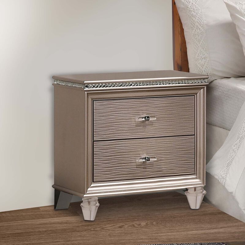 Jisoo 24 Inch Nightstand, 2 Drawers, Textured Drawer Panels, Gold Finish-Benzara