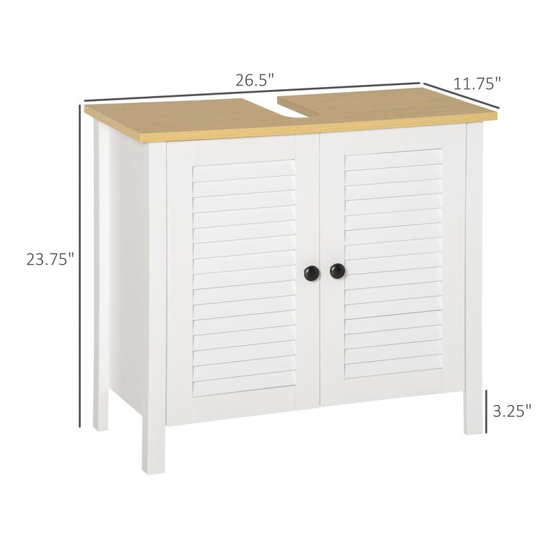 White Under-Sink Storage: Double Layer 2-Door Bathroom Floor Cabinet