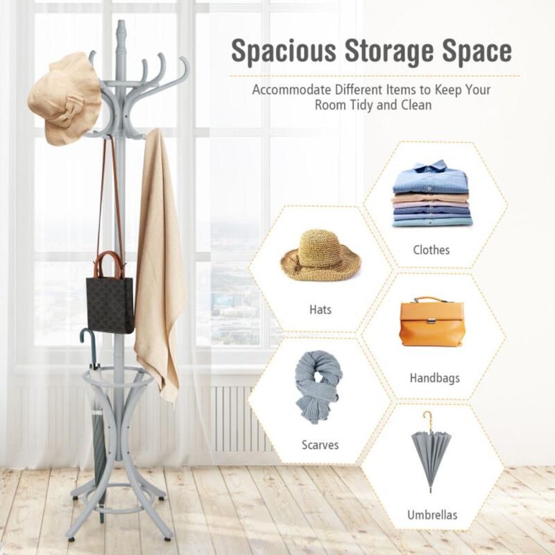 Hivvago Wooden Standing Coat Rack Tree with 12 Hooks and Umbrella Stand