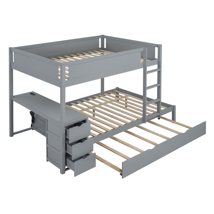 Full Over Full Bunk Bed With Twin Size Trundle, Storage And Desk, Gray