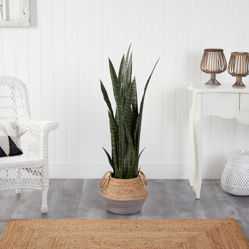 Hivvago 46" Sansevieria Artificial Plant in Boho Chic Handmade Cotton & Jute Gray Woven Planter