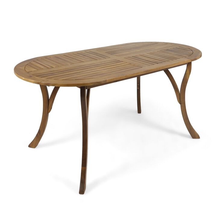 Outdoor Dining Table, 70 Inch Slat Style Oval Top, Teak Acacia Wood - Benzara