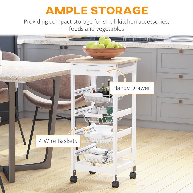 White Kitchen Cart: 32.25" Wooden Rolling Storage on Swivel Wheels