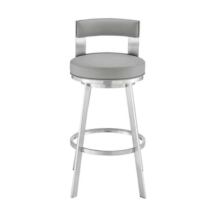 Nova 26 Inch Swivel Counter Stool, Panel Back, Steel, Gray Faux Leather - Benzara